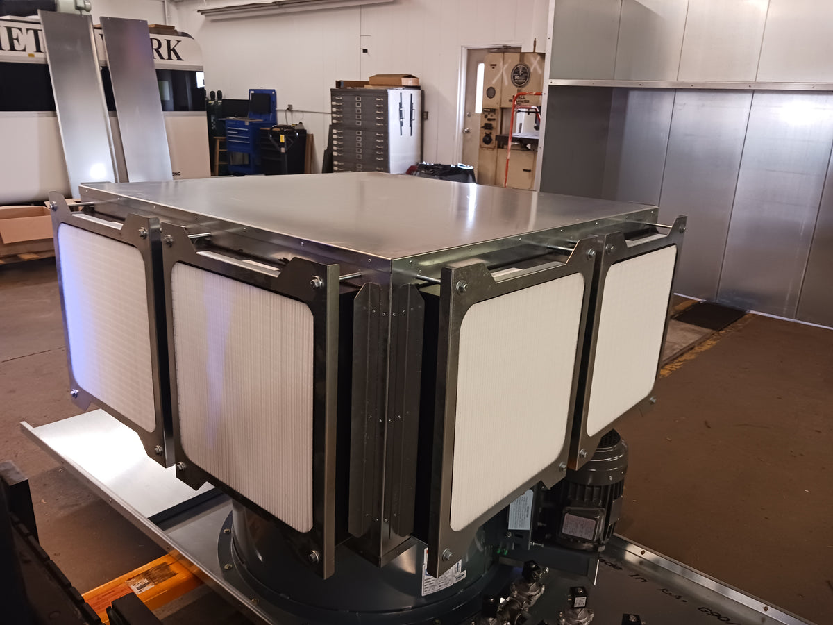 Finished USA-made dust collector filters and fan assembly for powder coat booth retrofit or sandblast room