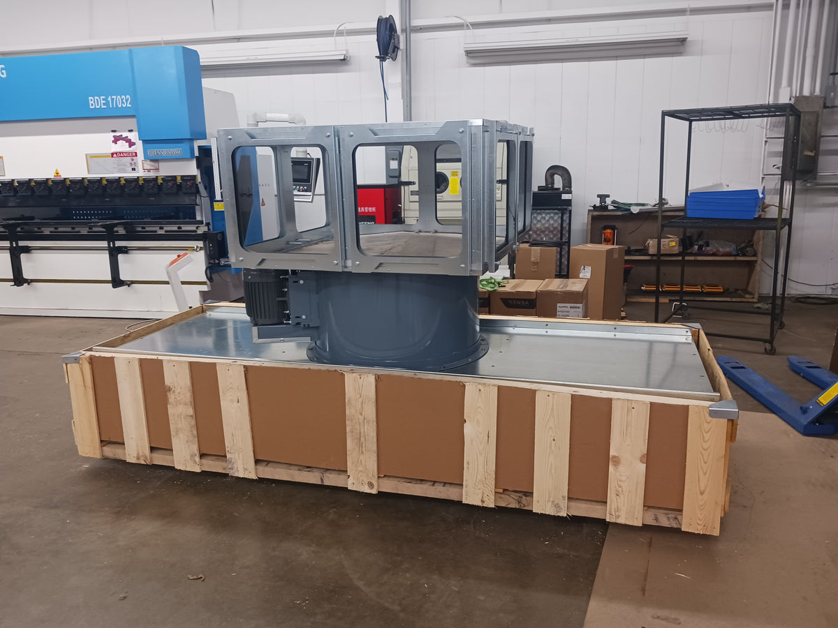 USA-made 10x8 dust collector fan and filter housing packed on a shipping pallet | Fab Shop Supply powder coat or sandblast
